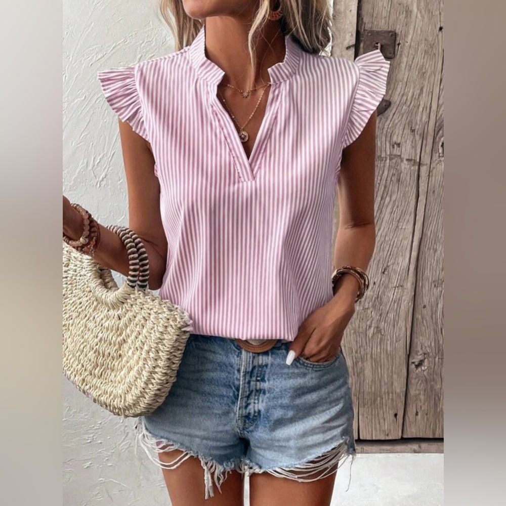 Pink Striped Ruffle Sleeve Top